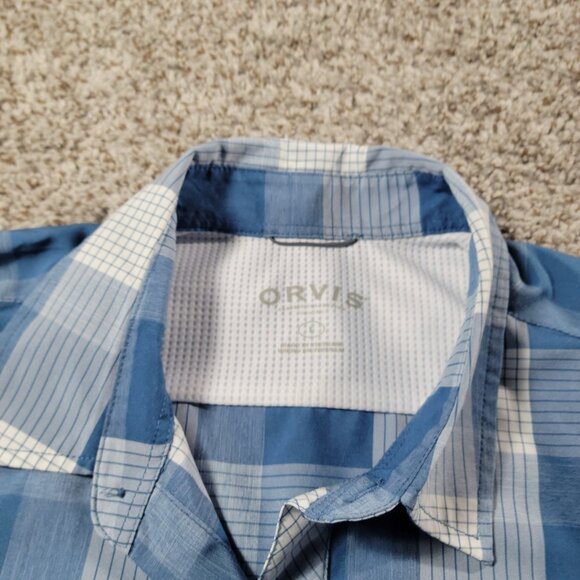 Orvis Shirt Mens Large Blue Short Sleeve Button Up Polyester Hiking Camp Plaid - Picture 2 of 7